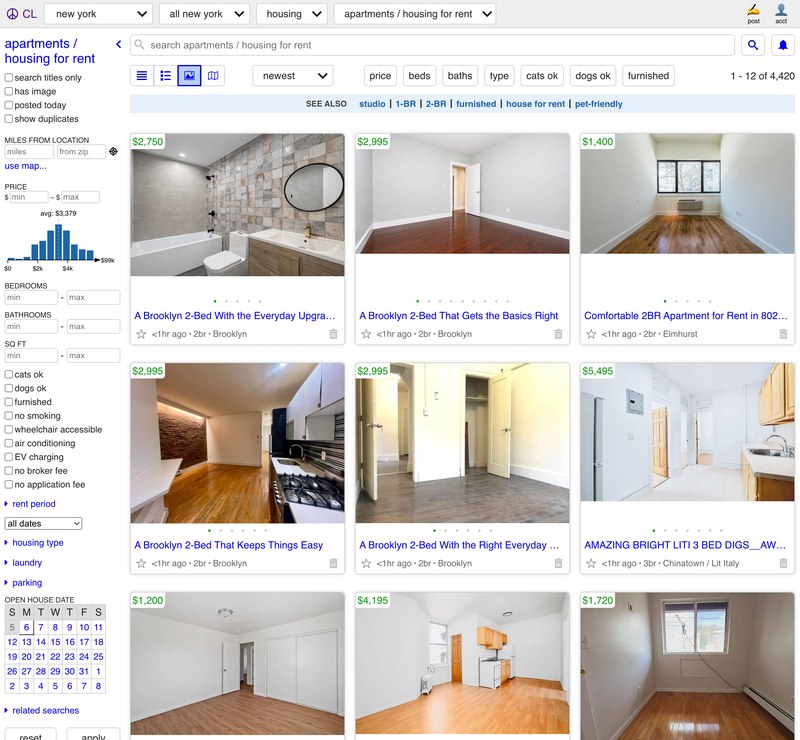 Capture of a craigslist New York apartment listings page